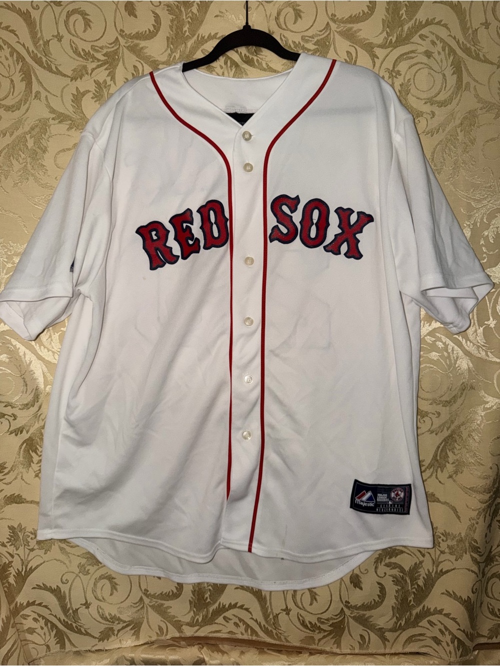 Majestic White Baseball Jersey with Red & Navy Patch
